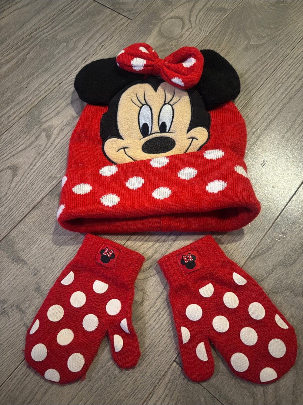 Disney Red & White Minnie Mouse Hat with Ears and Polka Dot Mittens